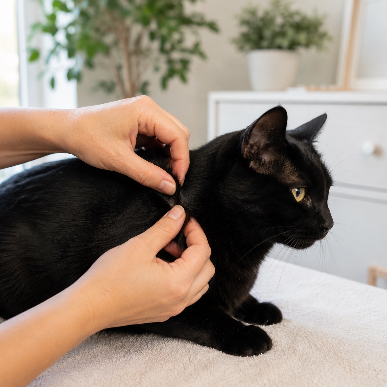 Danielle parting a black cat's fur to check the skin for fleas and ticks during an at-home groom